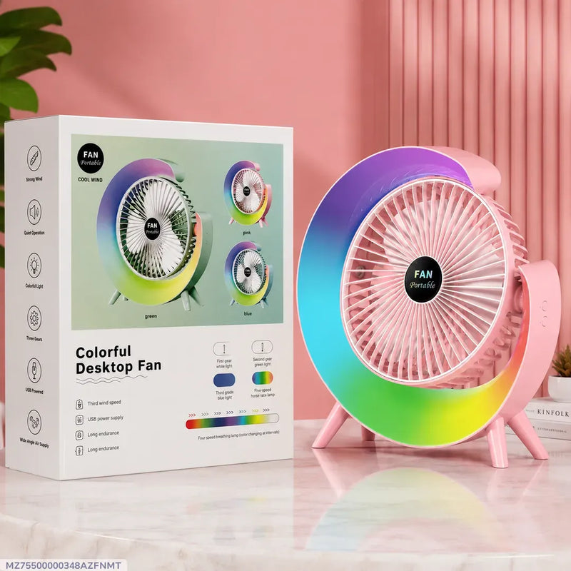 RGB LED Rechargeable Desktop Fan Portable USB Cooling Fan with 3 Speed Modes